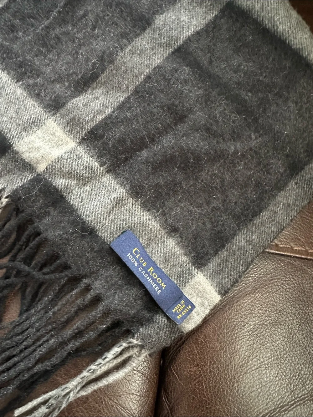 Club Room Charcoal and Light Gray Plaid Cashmere Scarf